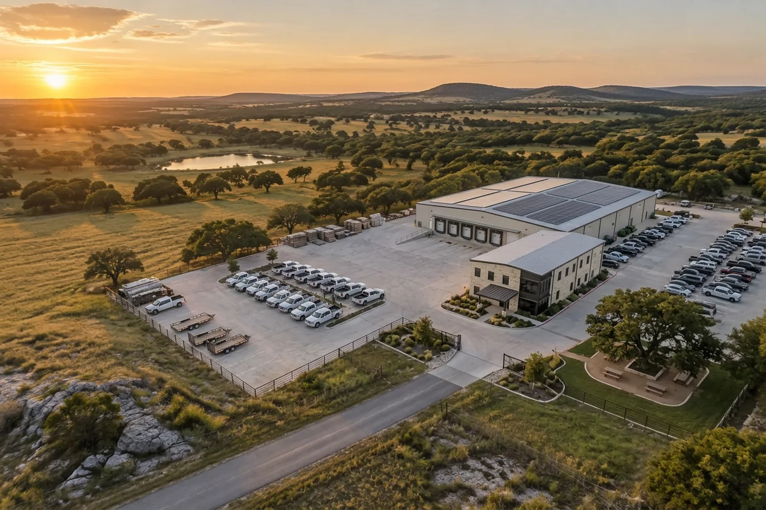 An aerial view of a Texas Hill Country manufacturing and distribution business at golden hour.